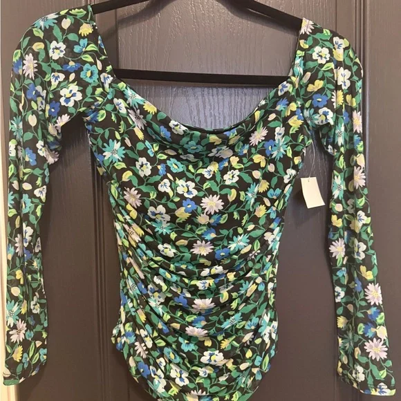 AFRM Long Sleeve Off The Shoulder Top | Teal Vine Green Floral | Medium | NWT - Picture 2 of 4